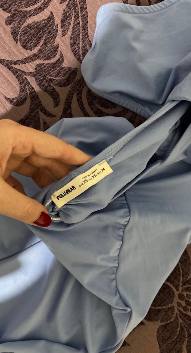 Mavi Drapeli Uzun Straplez Elbise - Görsel 4