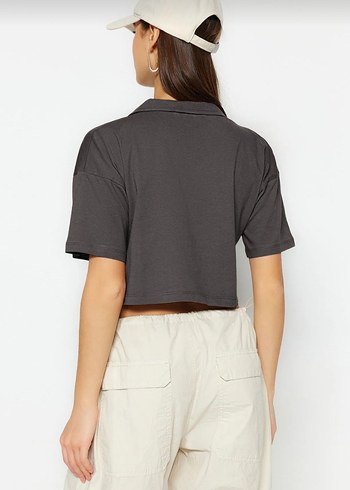 s Beden Antrasit crop polo yaka örme T-shirt