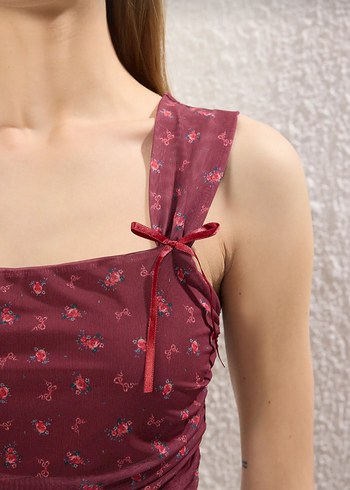 s Beden bordo Renk Bordo Çiçek Baskılı astarlı örme bluz