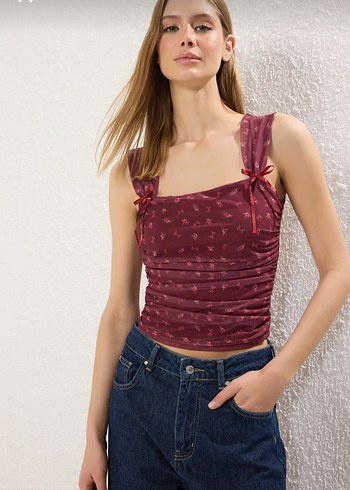 Bordo Çiçek Baskılı astarlı örme bluz