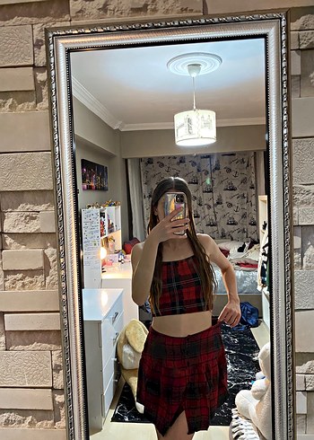 Düğmeli Kırmızı Ekose Mini Etek,Crop - Görsel 6