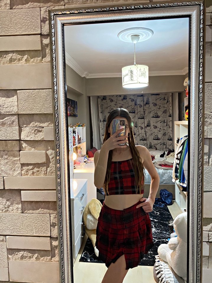 Düğmeli Kırmızı Ekose Mini Etek,Crop - Görsel 5