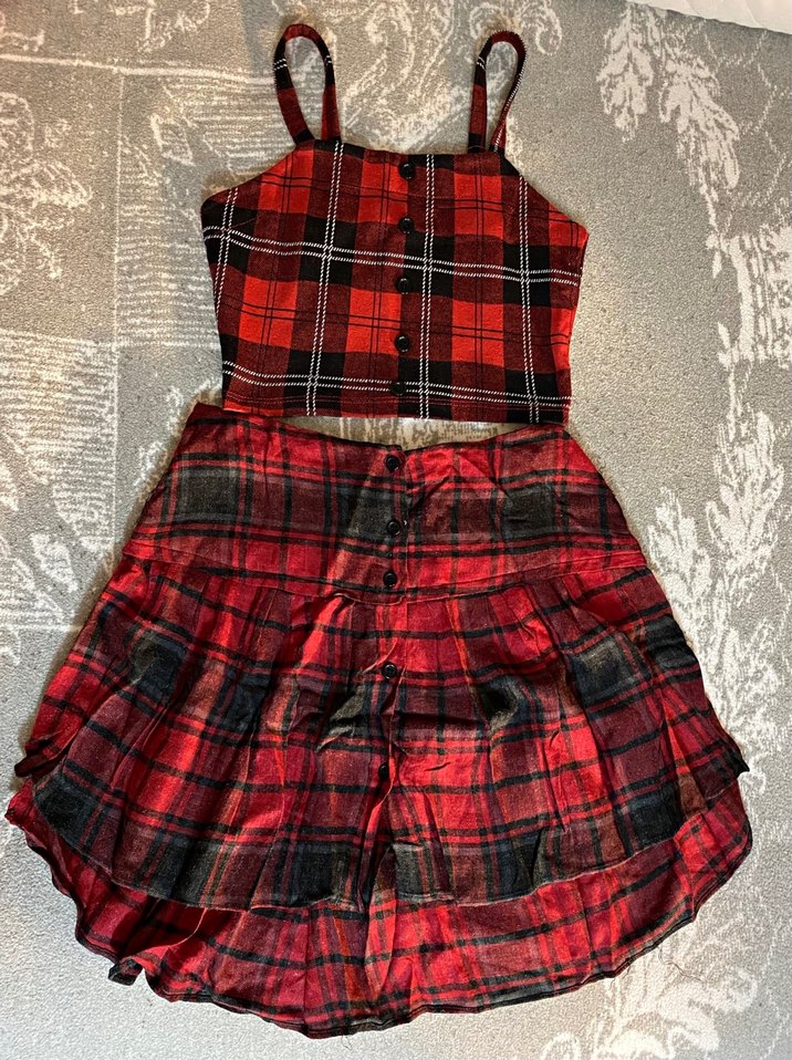 Düğmeli Kırmızı Ekose Mini Etek,Crop - Görsel 2