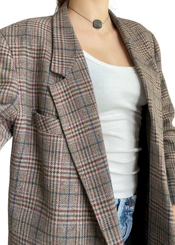 Düğmeli Ekoseli Kadın Midi Blazer - Görsel 4