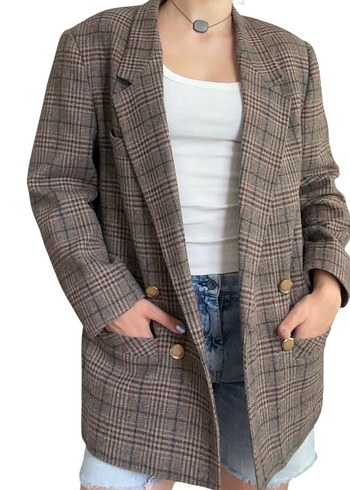 Düğmeli Ekoseli Kadın Midi Blazer - Görsel 3