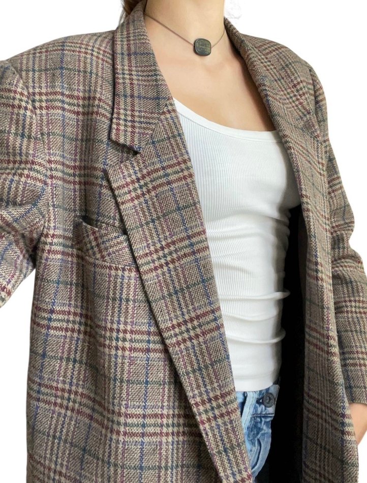 Düğmeli Ekoseli Kadın Midi Blazer - Görsel 4