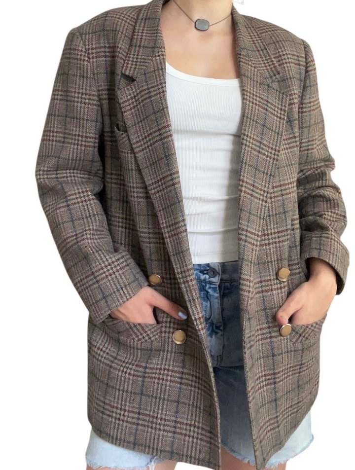 Düğmeli Ekoseli Kadın Midi Blazer - Görsel 3