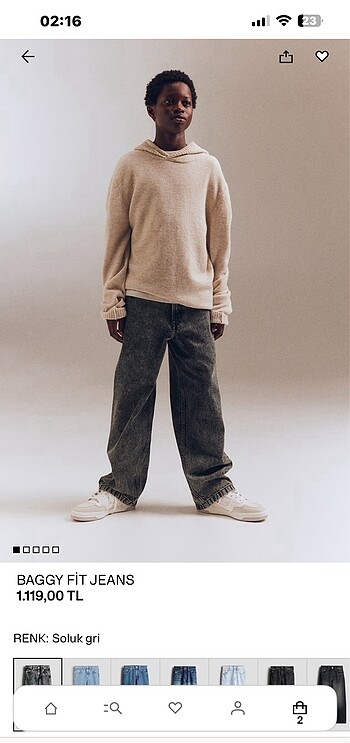 13-14 Yaş Beden gri Renk HM erkek çocuk baggy fit jeans