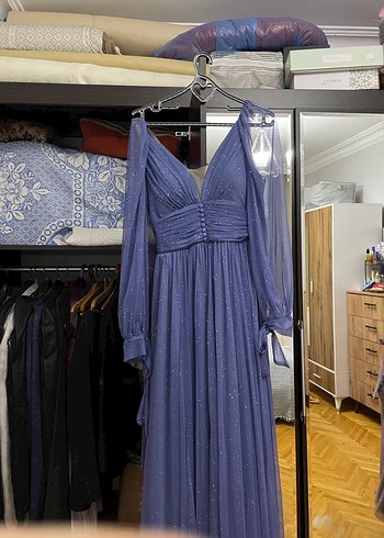 Uzun Lacivert Parlak Bohem V Yaka Abiye Elbise - Görsel 3