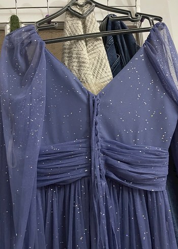 Uzun Lacivert Parlak Bohem V Yaka Abiye Elbise - Görsel 4