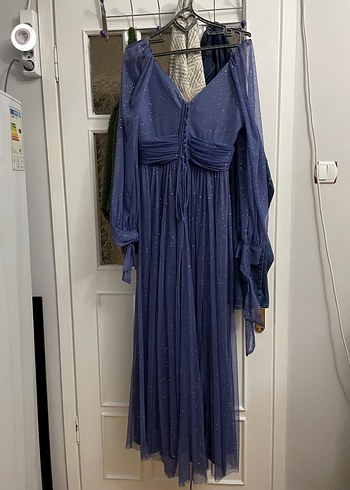 Uzun Lacivert Parlak Bohem V Yaka Abiye Elbise - Görsel 7