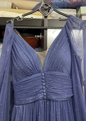 Uzun Lacivert Parlak Bohem V Yaka Abiye Elbise - Görsel 2