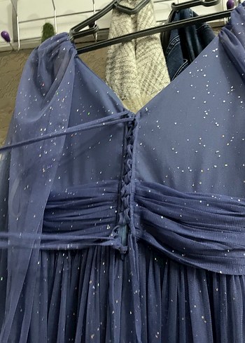 Uzun Lacivert Parlak Bohem V Yaka Abiye Elbise - Görsel 5