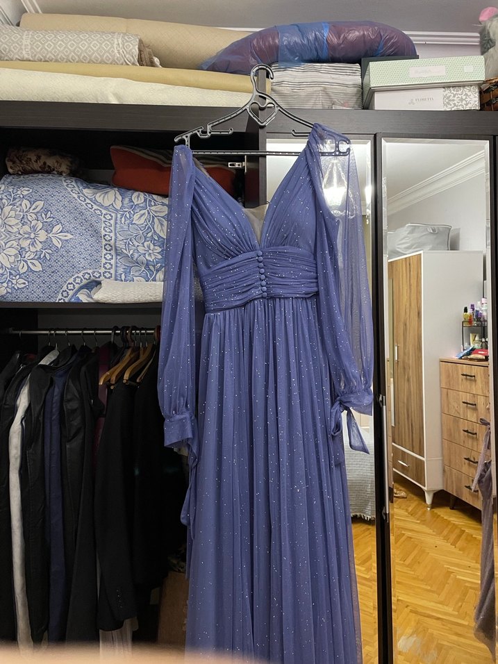 Uzun Lacivert Parlak Bohem V Yaka Abiye Elbise - Görsel 3