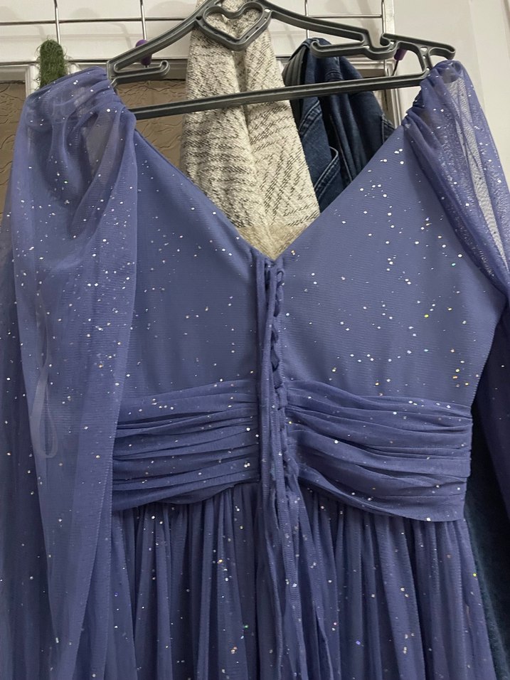 Uzun Lacivert Parlak Bohem V Yaka Abiye Elbise - Görsel 4