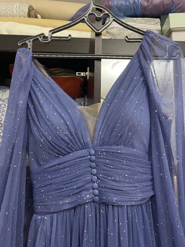 Uzun Lacivert Parlak Bohem V Yaka Abiye Elbise - Görsel 2