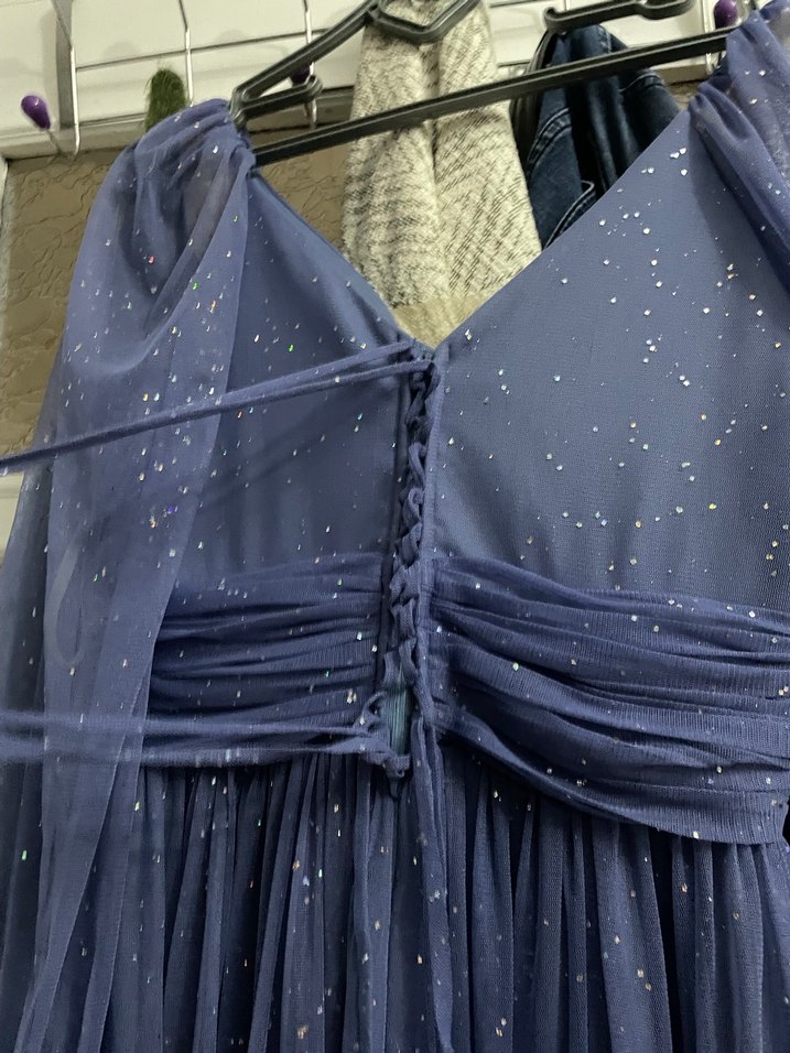 Uzun Lacivert Parlak Bohem V Yaka Abiye Elbise - Görsel 5