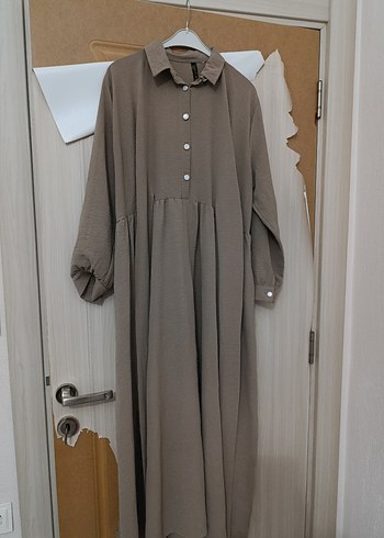 xl Beden camel Renk Bej Düğmeli Uzun Keten Elbise