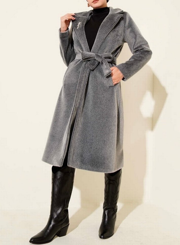 Gri Kuşaklı Kadın Kaban - Görsel 2