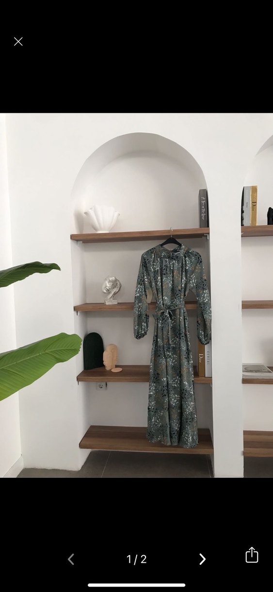 Gri Baskılı V Yakalı Uzun Elbise - Görsel 2