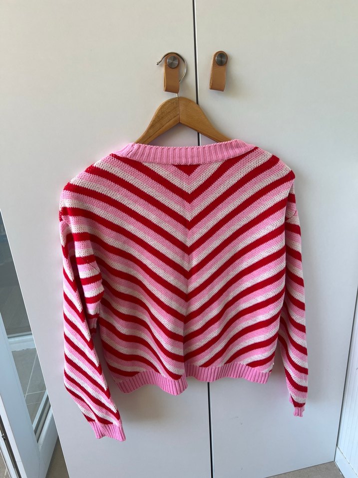 Pembe Çizgili Örgü Kadın Kazak - Görsel 3