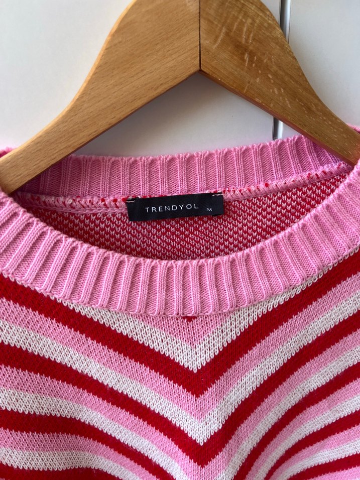 Pembe Çizgili Örgü Kadın Kazak - Görsel 2