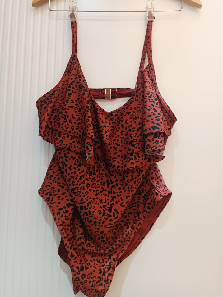 Kahverengi Leopar Desenli Volanlı Kadın Mayo - Görsel 5