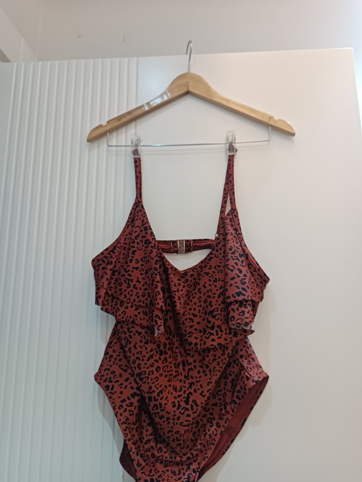 Kahverengi Leopar Desenli Volanlı Kadın Mayo - Görsel 2