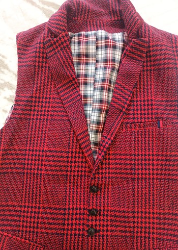 Bordo Ekoseli Düğmeli Erkek Yelek - Görsel 4