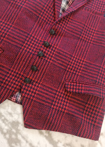 Bordo Ekoseli Düğmeli Erkek Yelek - Görsel 6