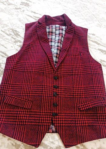 Bordo Ekoseli Düğmeli Erkek Yelek - Görsel 2