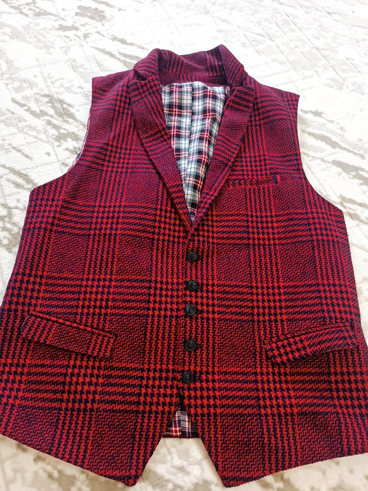 Bordo Ekoseli Düğmeli Erkek Yelek - Görsel 2