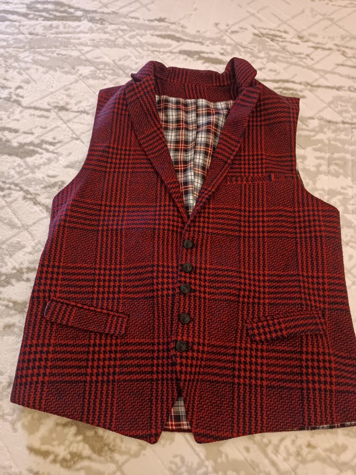Bordo Ekoseli Düğmeli Erkek Yelek - Görsel 3