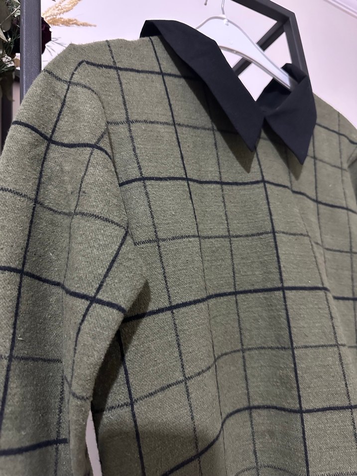 Düğmeli Uzun Kollu Ekose Triko Tunik - Görsel 5