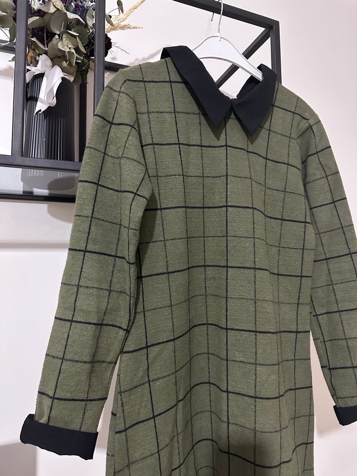 Düğmeli Uzun Kollu Ekose Triko Tunik - Görsel 3