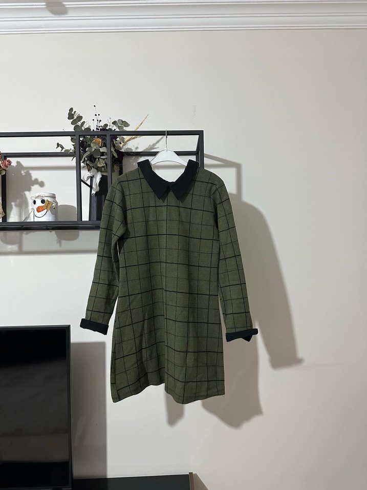 Düğmeli Uzun Kollu Ekose Triko Tunik - Görsel 4