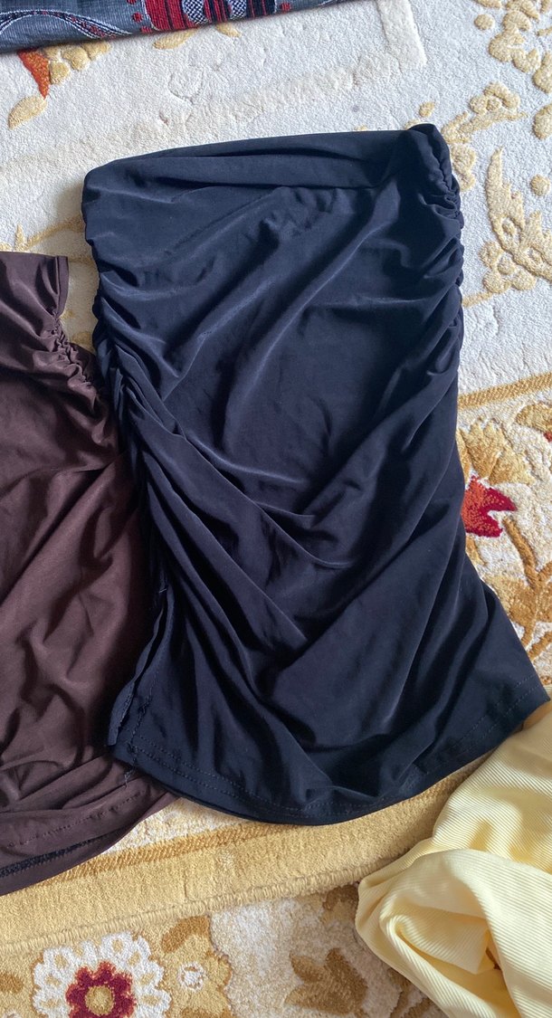 Drapeli Midi  straplez Koyu Kahverengi ve siyah ikili - Görsel 3