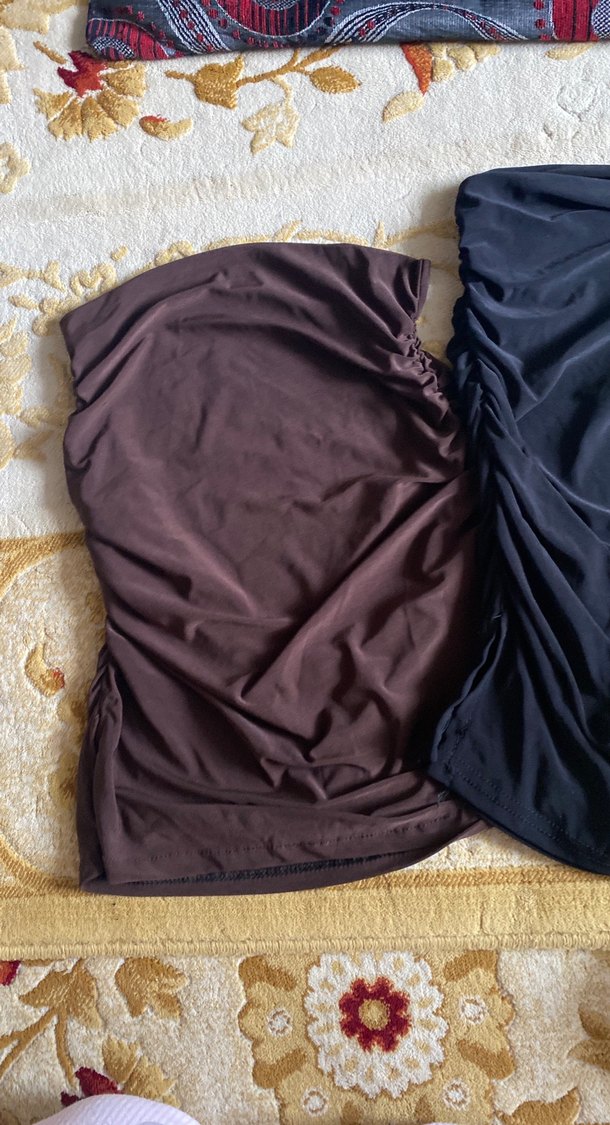 Drapeli Midi  straplez Koyu Kahverengi ve siyah ikili - Görsel 2