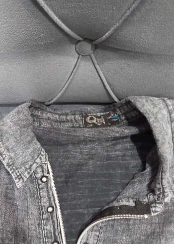 Diğer Kadın Gri Denim Kapüşonlu Nakışlı Gömlek