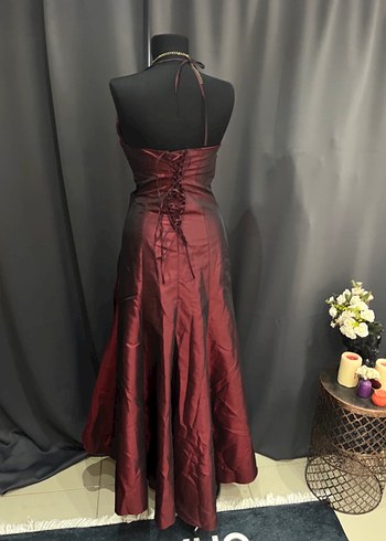 Bordo Drapeli Straplez Uzun Abiye Elbise - Görsel 11