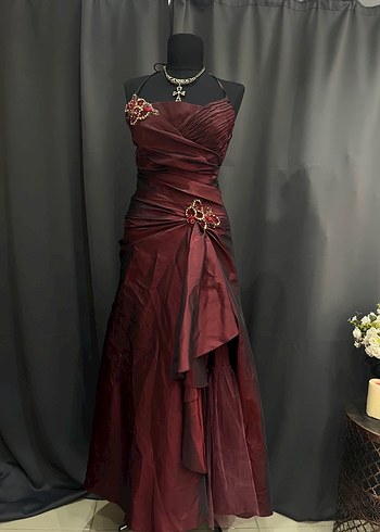 Bordo Drapeli Straplez Uzun Abiye Elbise - Görsel 3