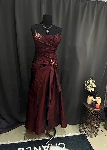 Bordo Drapeli Straplez Uzun Abiye Elbise - Görsel 8