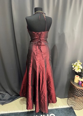 Bordo Drapeli Straplez Uzun Abiye Elbise - Görsel 6