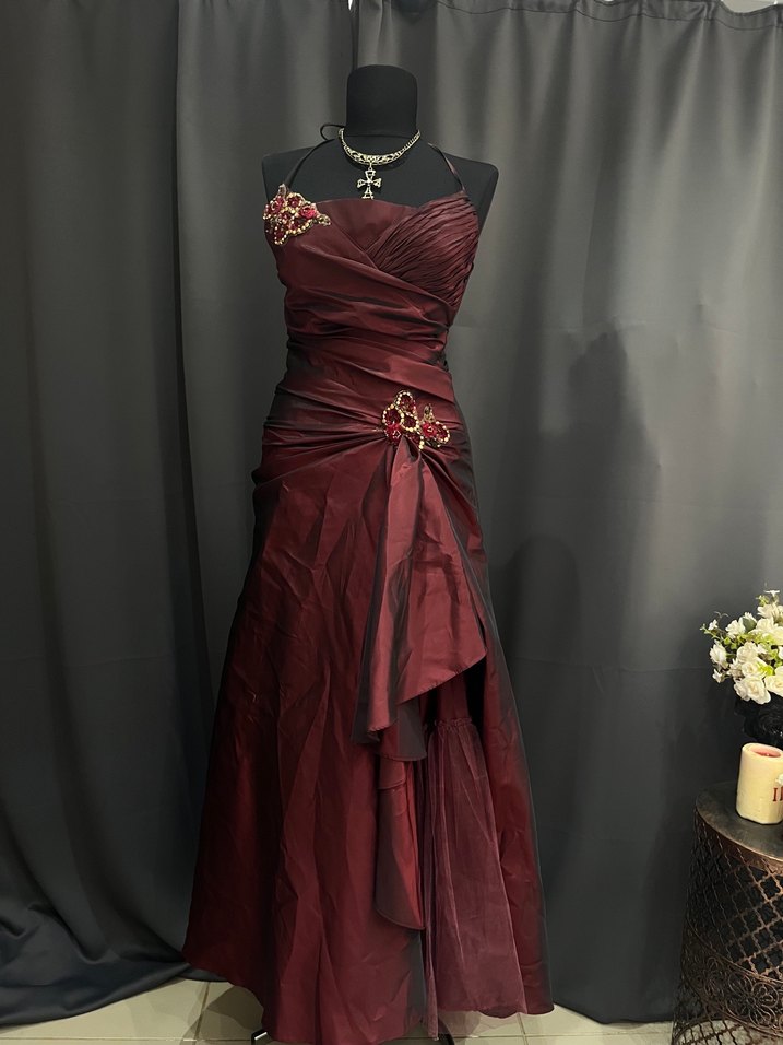 Bordo Drapeli Straplez Uzun Abiye Elbise - Görsel 3