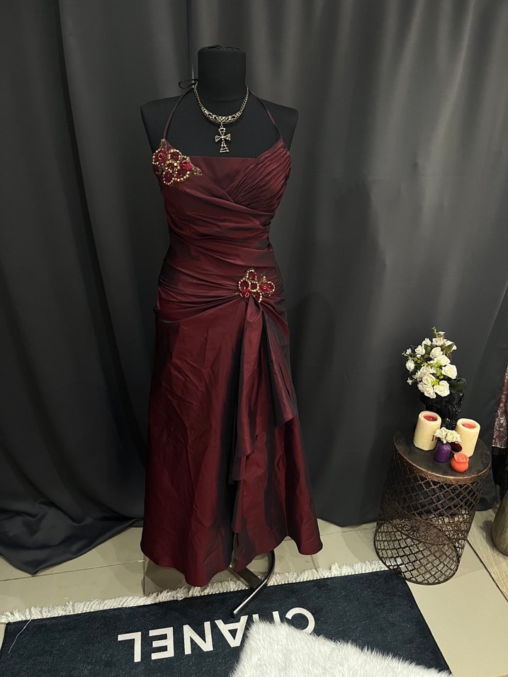 Bordo Drapeli Straplez Uzun Abiye Elbise - Görsel 2