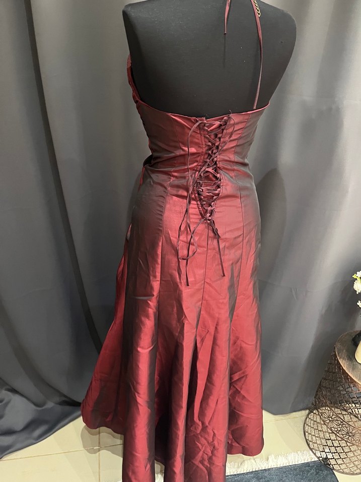 Bordo Drapeli Straplez Uzun Abiye Elbise - Görsel 4