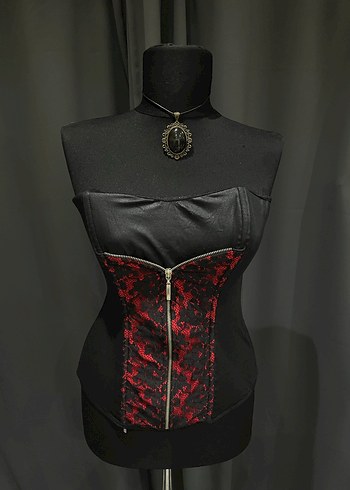 Kırmızı Yılan Desenli Gotik Straplez Büstiyer - Görsel 6