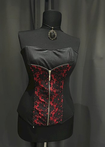 Kırmızı Yılan Desenli Gotik Straplez Büstiyer - Görsel 4