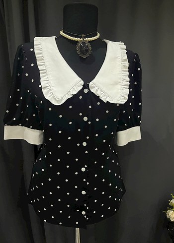 Siyah Puantiyeli, Düğmeli Kısa Kollu Bluz - Görsel 11