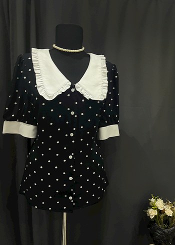 Siyah Puantiyeli, Düğmeli Kısa Kollu Bluz - Görsel 6